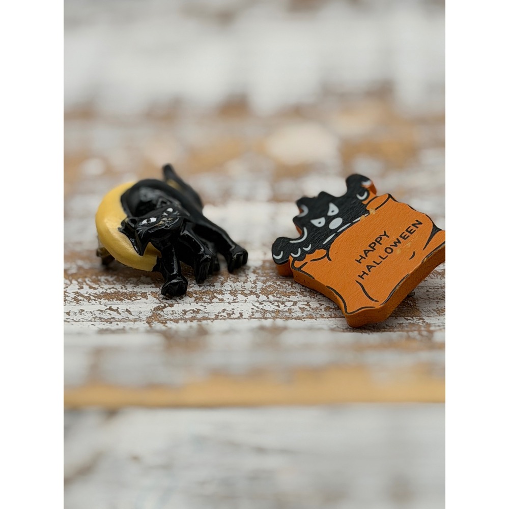 Vintage Halloween Brooch Pin Set Black Cat Moon Happy Halloween Ghost Bag 2pc
